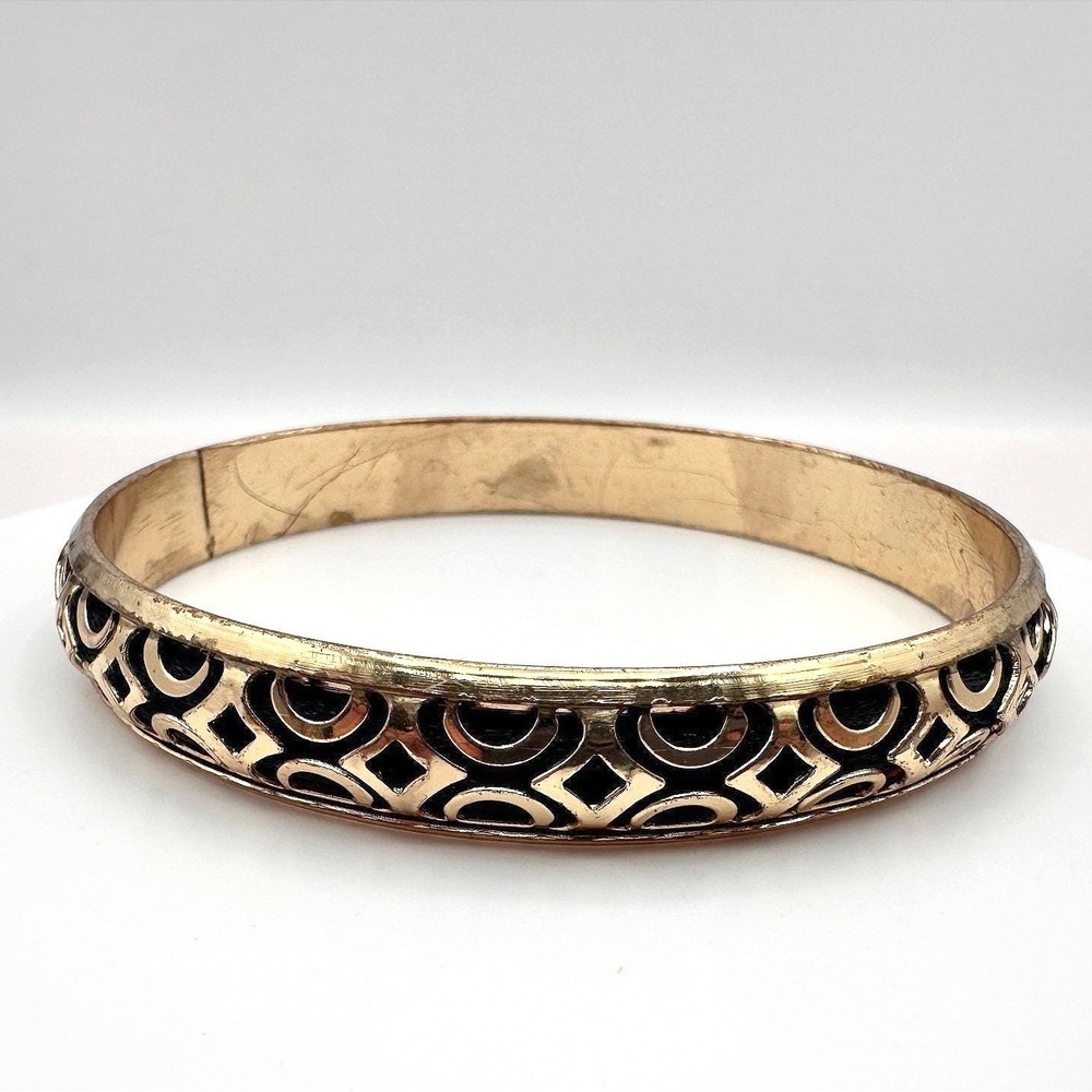 Vintage‎ 80s Gold Tone Cutout Bangle Bracelet Geometric Art Deco Fashion Jewelry